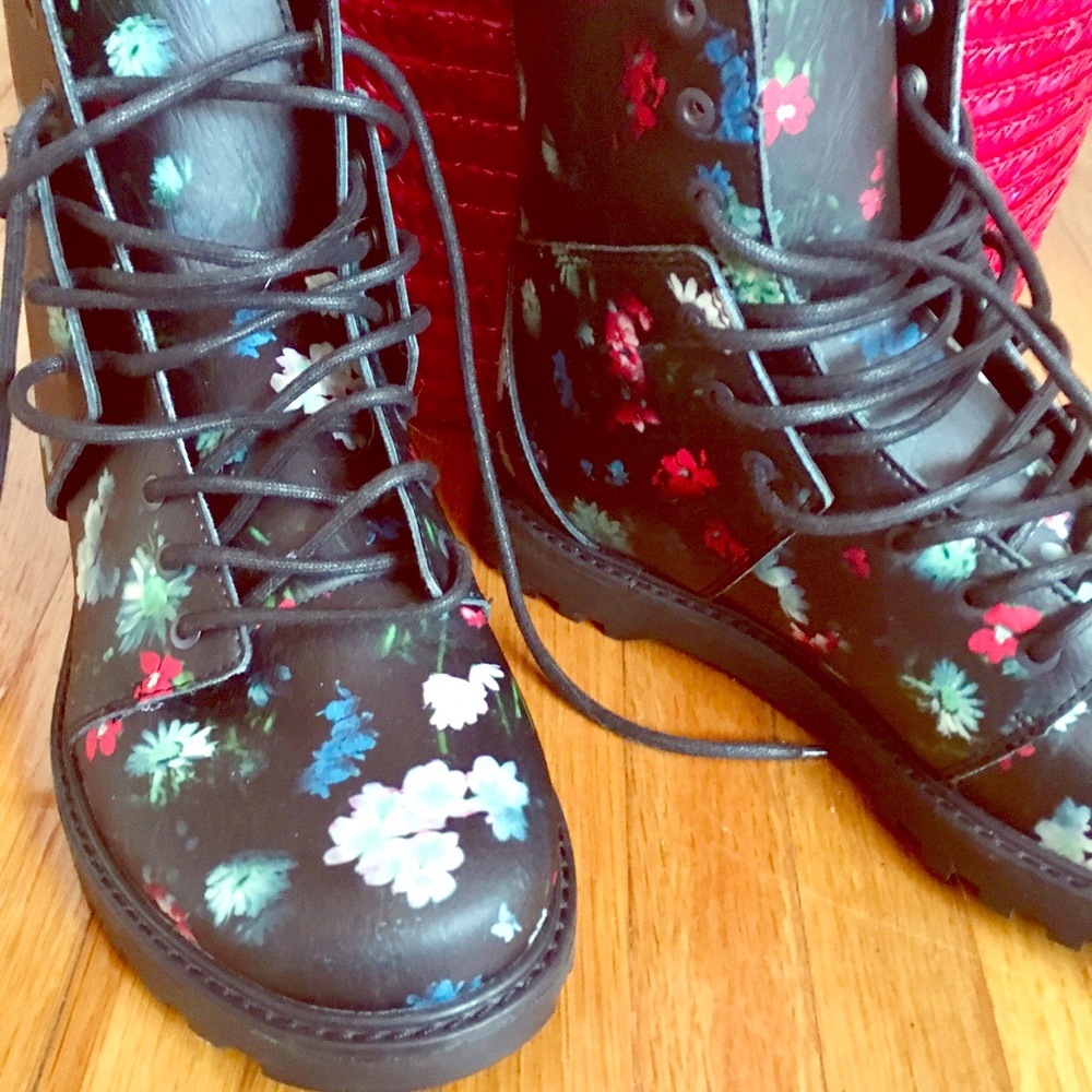 Black Combat Boots with Floral Print
