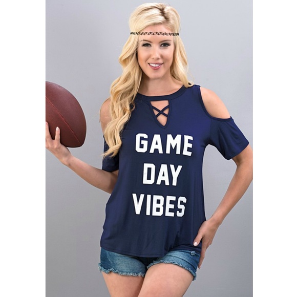 Navy Game Day Vibes Football Cold shoulder T shirt - Picture 3 of 6