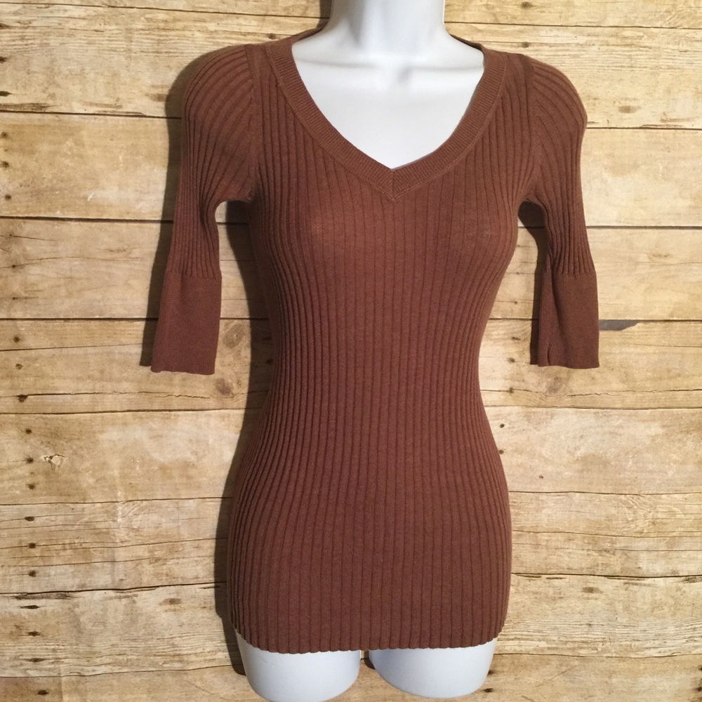 Mossimo Brown Ribbed V-Neck Fitted Sweater
