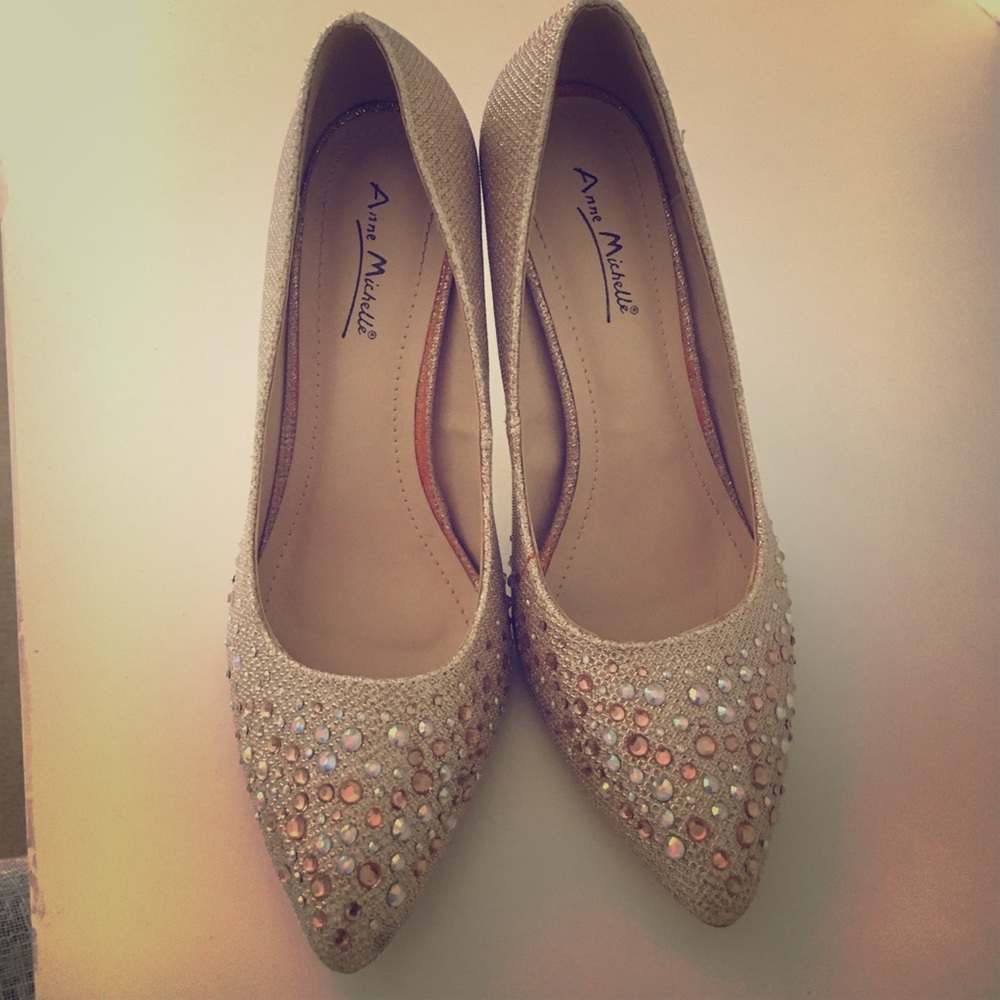 Gold sequenced heels, size 8.