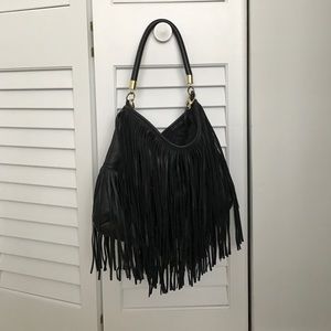 H&M black fringe faux leather handbag