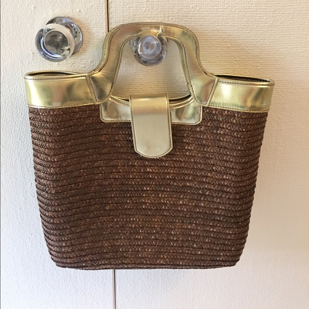 Gold Structured Straw Tote Bag