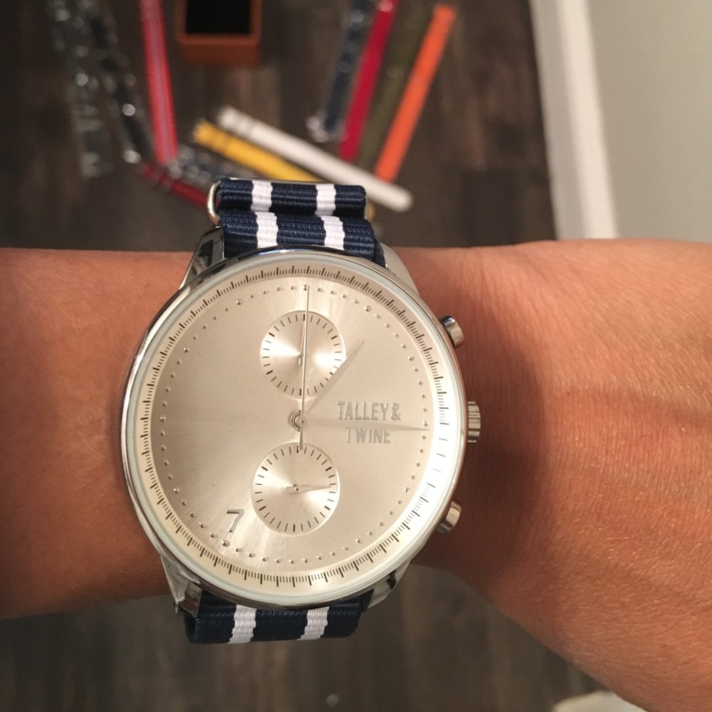 Silver watch with 12 interchangeable canvas bands!