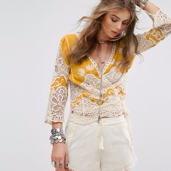 Festival Wrap Top w/ Embroidery & Crochet Inserts - Picture 1 of 2