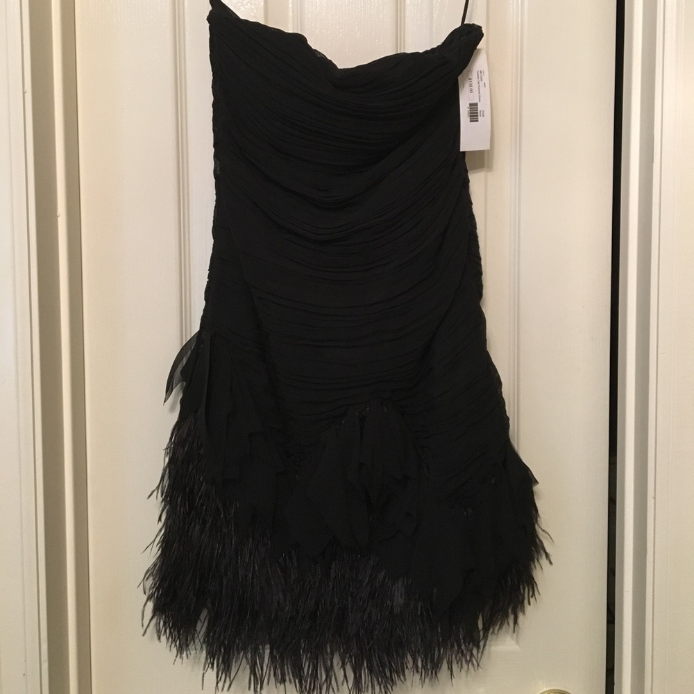 NWT Minuet Ruched Black Dress with Feathers S