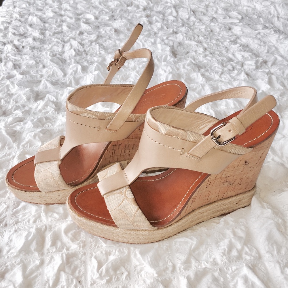Coach Mendez Khaki Leather Wedge Sandal Shoes SZ 7