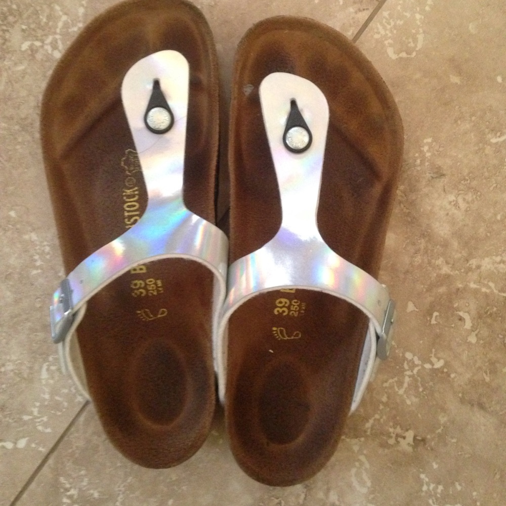 Silver holographic metallic gizeh birkenstock 8.5