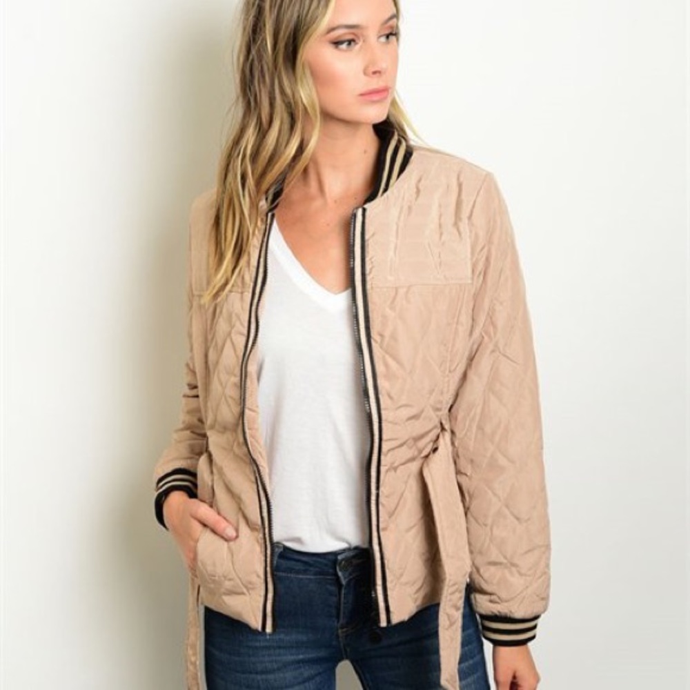 Quilted Bomber Jacket Mocha Black 2 Pocket w/ belt - Picture 2 of 7