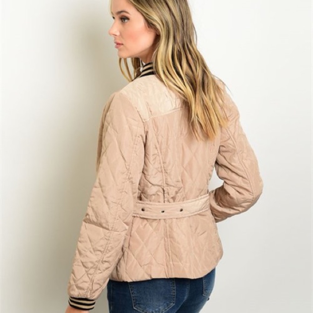 Quilted Bomber Jacket Mocha Black 2 Pocket w/ belt - Picture 3 of 7