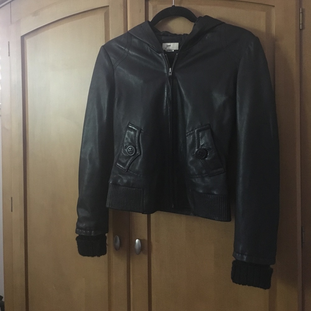 June Black Leather Hooded Bomber Jacket