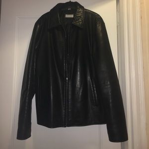 Men black leather jacket medium, barneys New York