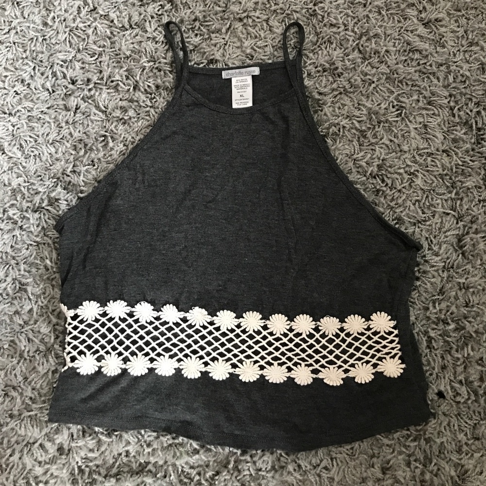 Cropped high neck grey tank with crochet details