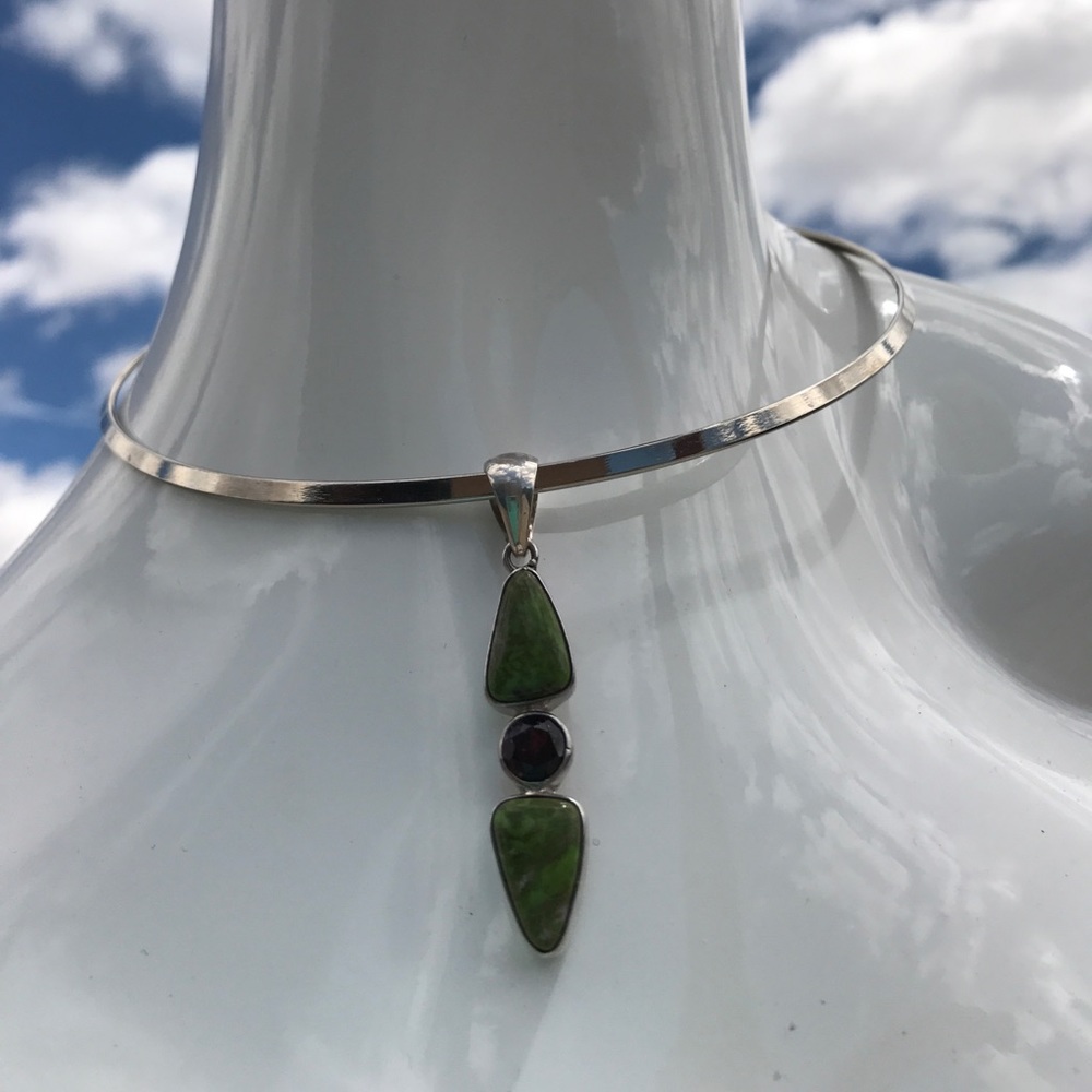 Green turquoise and garnet pendant in sterling