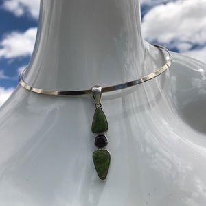 Green turquoise and garnet pendant in sterling