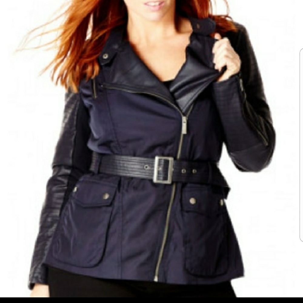 City Chic Navy Vegan Leather Cargo Trench Coat
