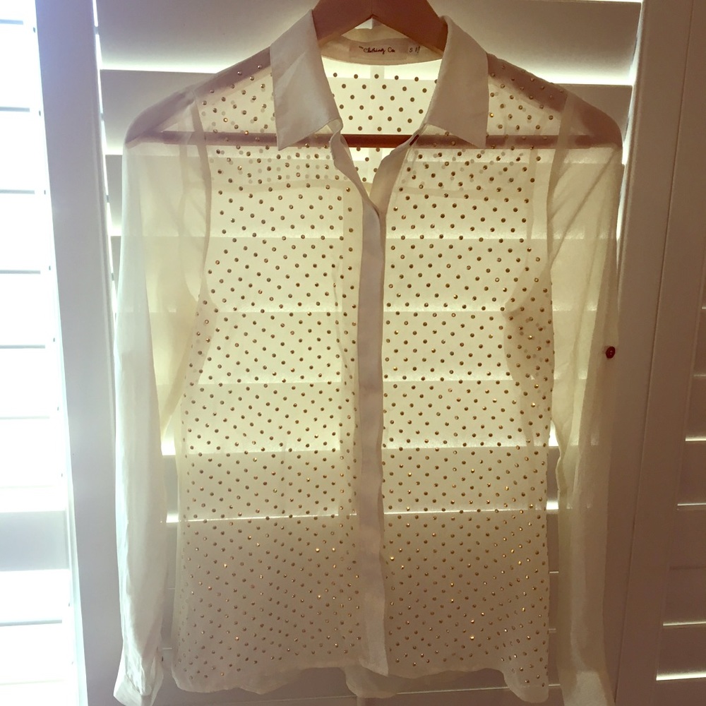 Sheer white button down with gold rhinestones