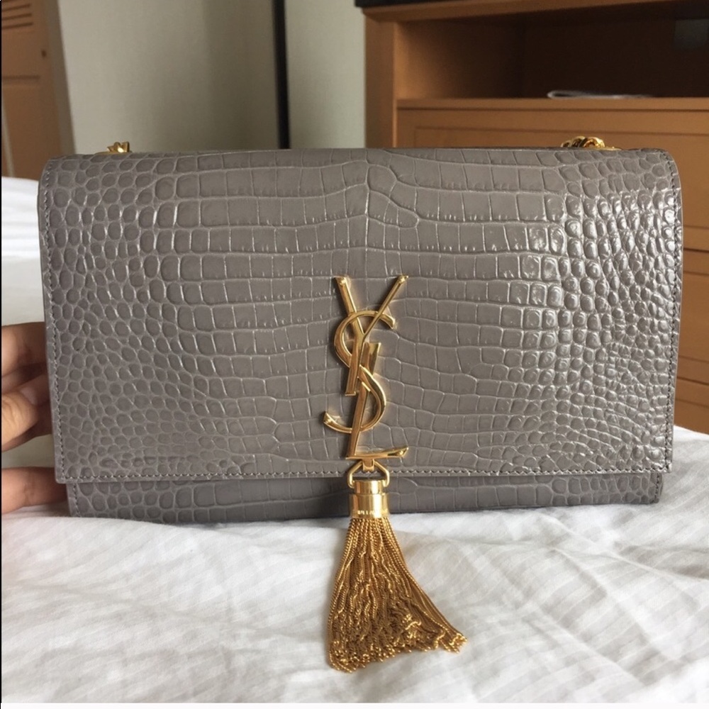 YSL GRAY KATE MEDIUM CROC EMBOSS