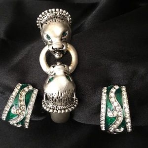 Silver Tiger w/Emerald Rhinestone bracelet/earring