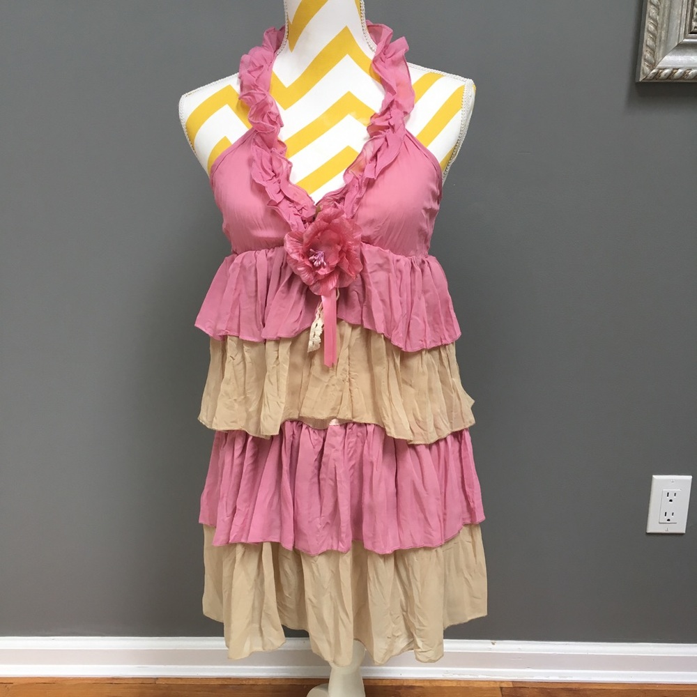 Pretty Pink and Beige Ruffle Flower Halter Blouse