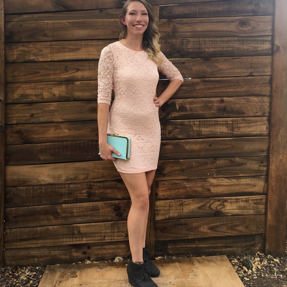 Pink lace bodycon with additional silk like fabric