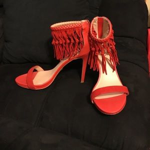 Size 8, leather/suede Bebe fringe heel sandal