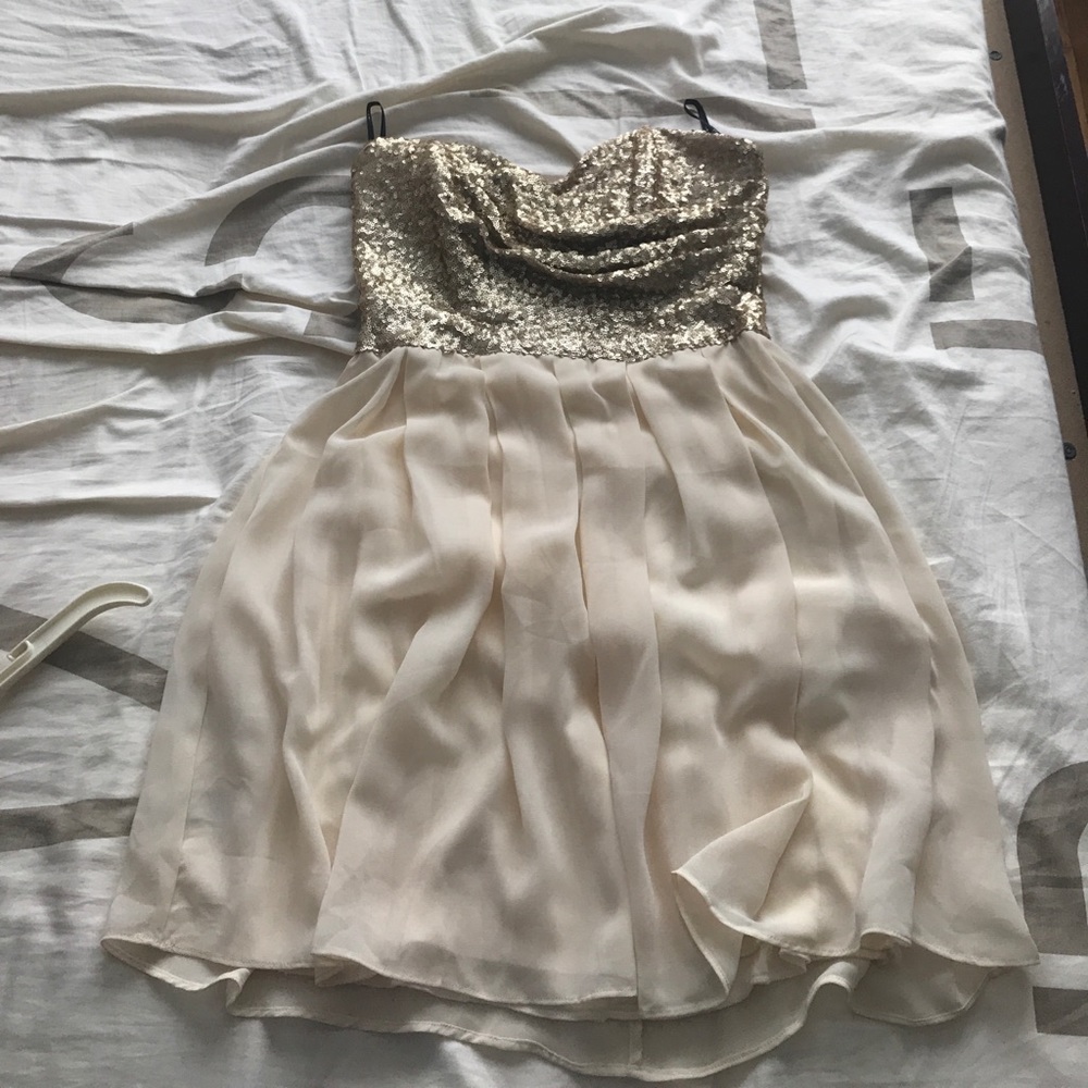 Strapless gold sequin dress