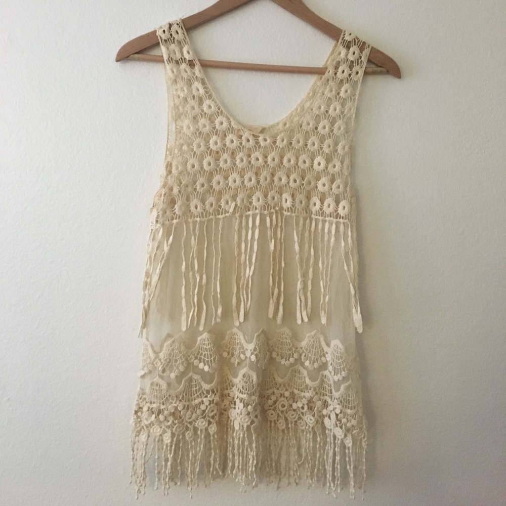 Cream tassel, tank top.