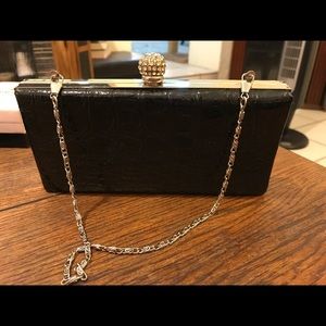 Vintage black leather evening purse.Clutch w/chain