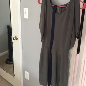 Gray party dress. Open back with navy sash