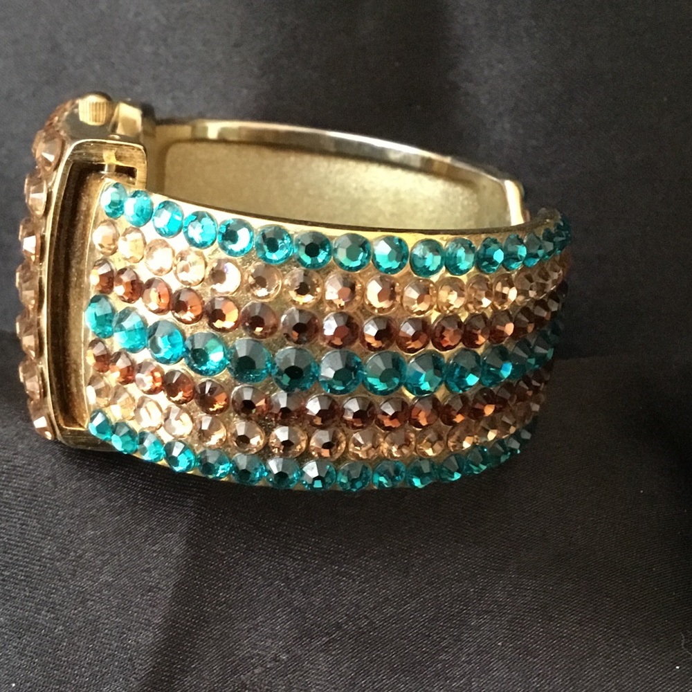 Turquoise/Topaz Rhinestone Bangle Watch - Picture 2 of 4