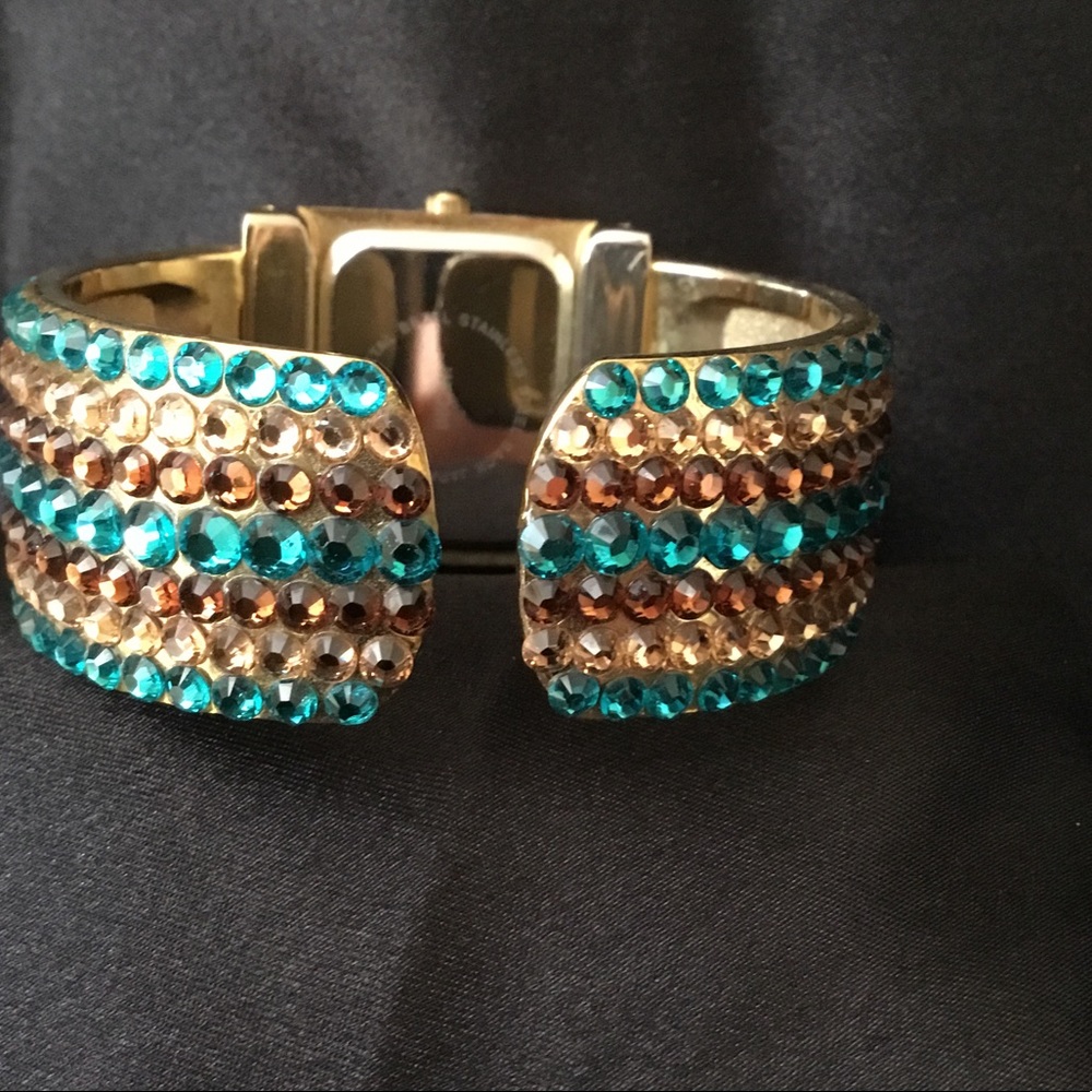 Turquoise/Topaz Rhinestone Bangle Watch - Picture 3 of 4