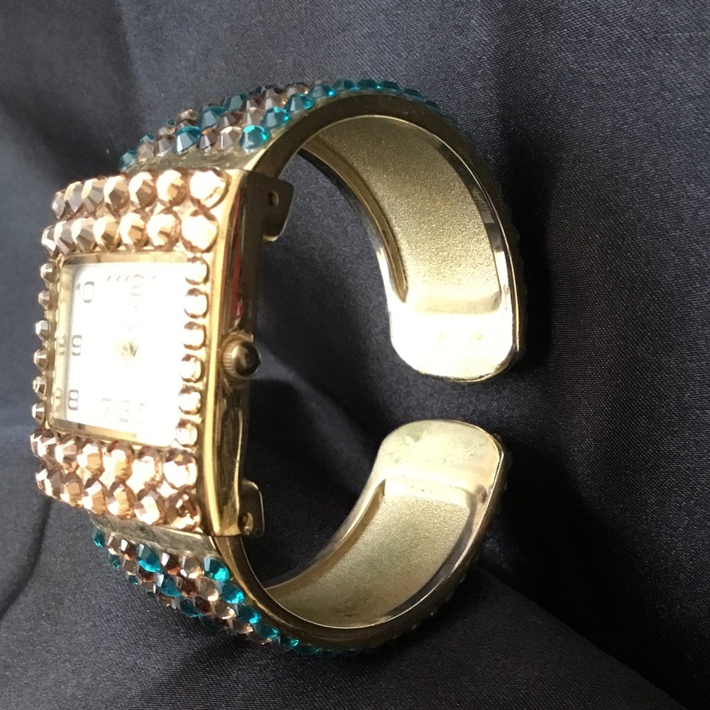 Turquoise/Topaz Rhinestone Bangle Watch - Picture 4 of 4