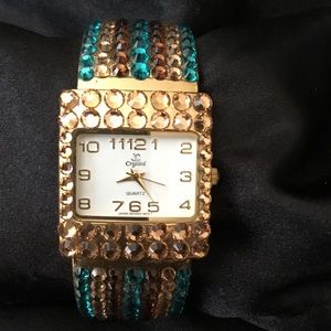 Turquoise/Topaz Rhinestone Bangle Watch