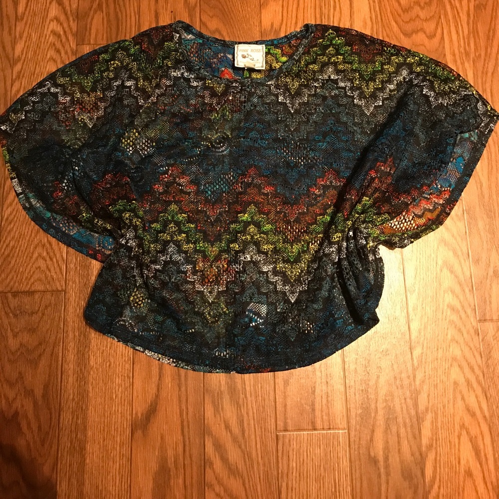 New Pink Rose colorful zigzag batwing crop top nos