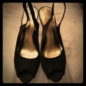 Black satin peep toe sling backs - size 10