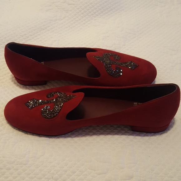 Stuart Weitzman Burgundy Crystal Lys Smoking Flats - Picture 3 of 5