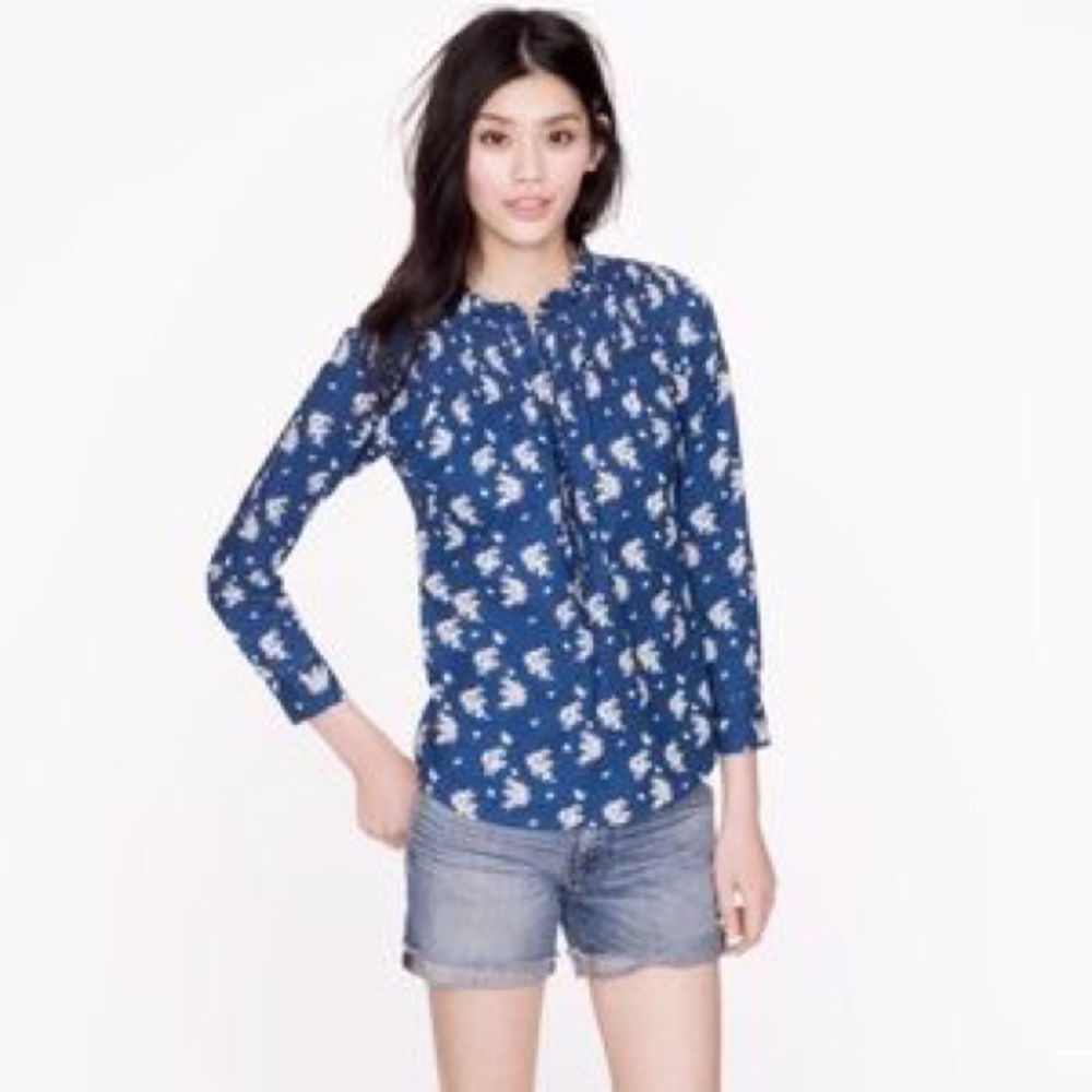J Crew Indigo Popover Blouse Floral XS Extra Small