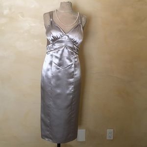 Custom tailored silver satin dress w/silk lining