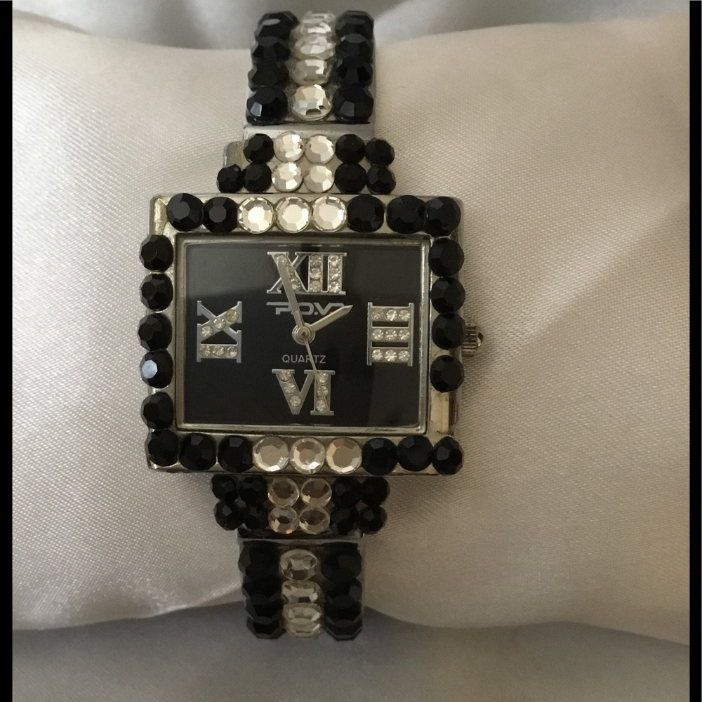 P.O.V. Black/Silver Rhinestone Bangle Watch