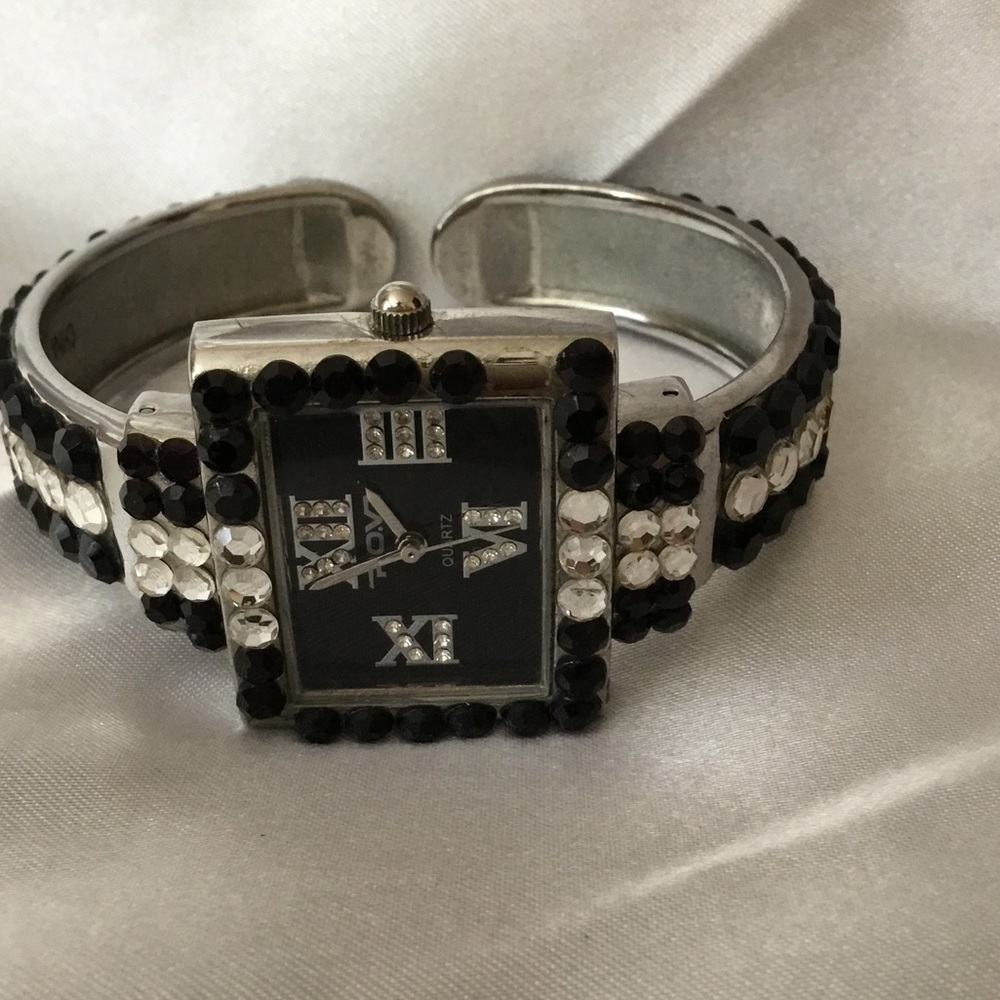 P.O.V. Black/Silver Rhinestone Bangle Watch - Picture 2 of 4