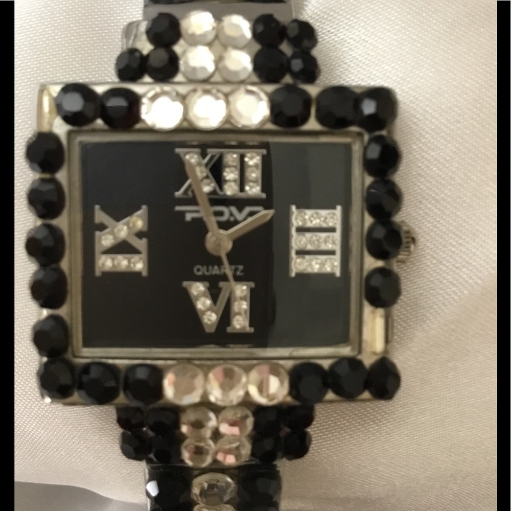 P.O.V. Black/Silver Rhinestone Bangle Watch - Picture 3 of 4