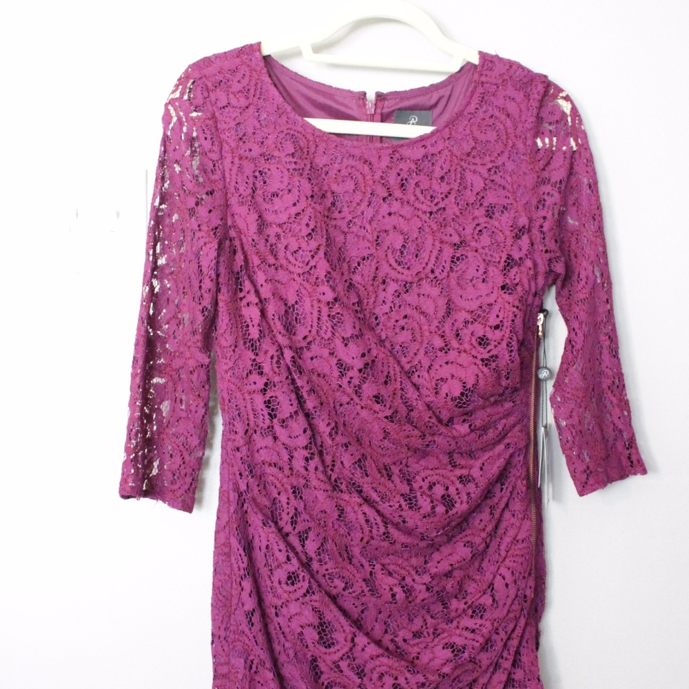 Adrianna Papell 3/4 Ruched Sleeve Lace Dress