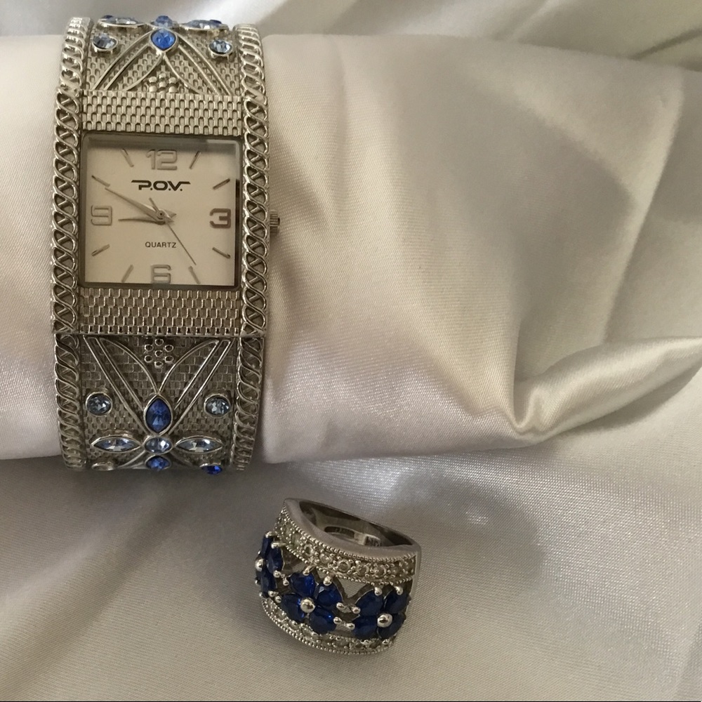 P.O.V. Silver w/Sapphire Rhinestone Watch & Ring