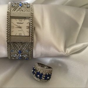 P.O.V. Silver w/Sapphire Rhinestone Watch & Ring