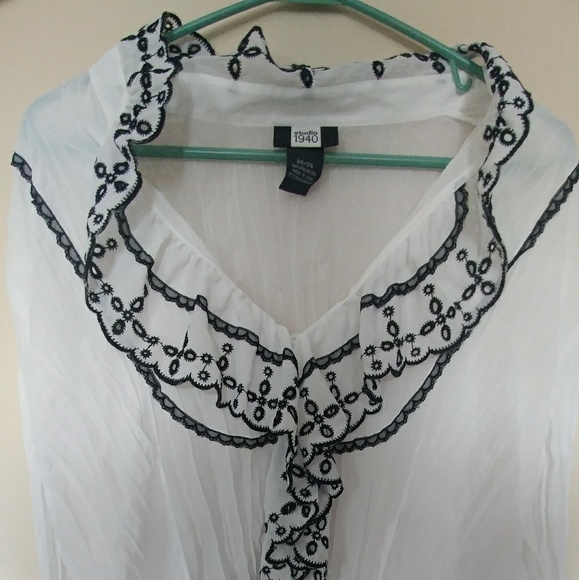 Studio 1940 Tops - Plus size sheer white ruffled blouse black trim
