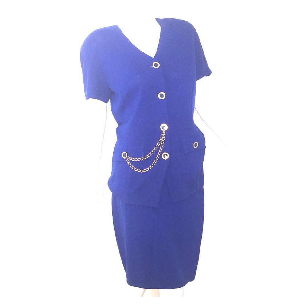 Royal Blue St John Skirt Suit with gold chain.