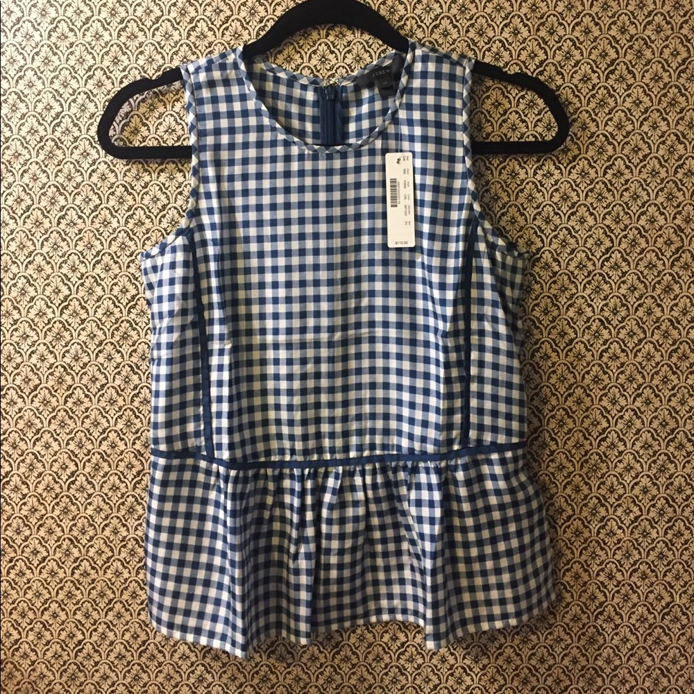 J. Crew Blue Gingham Silk Ruffle Hem Blouse NWT