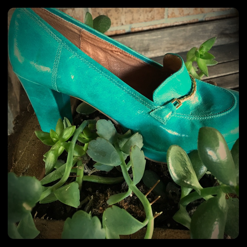 Lucky Penny Turquoise stacked heel loafer.