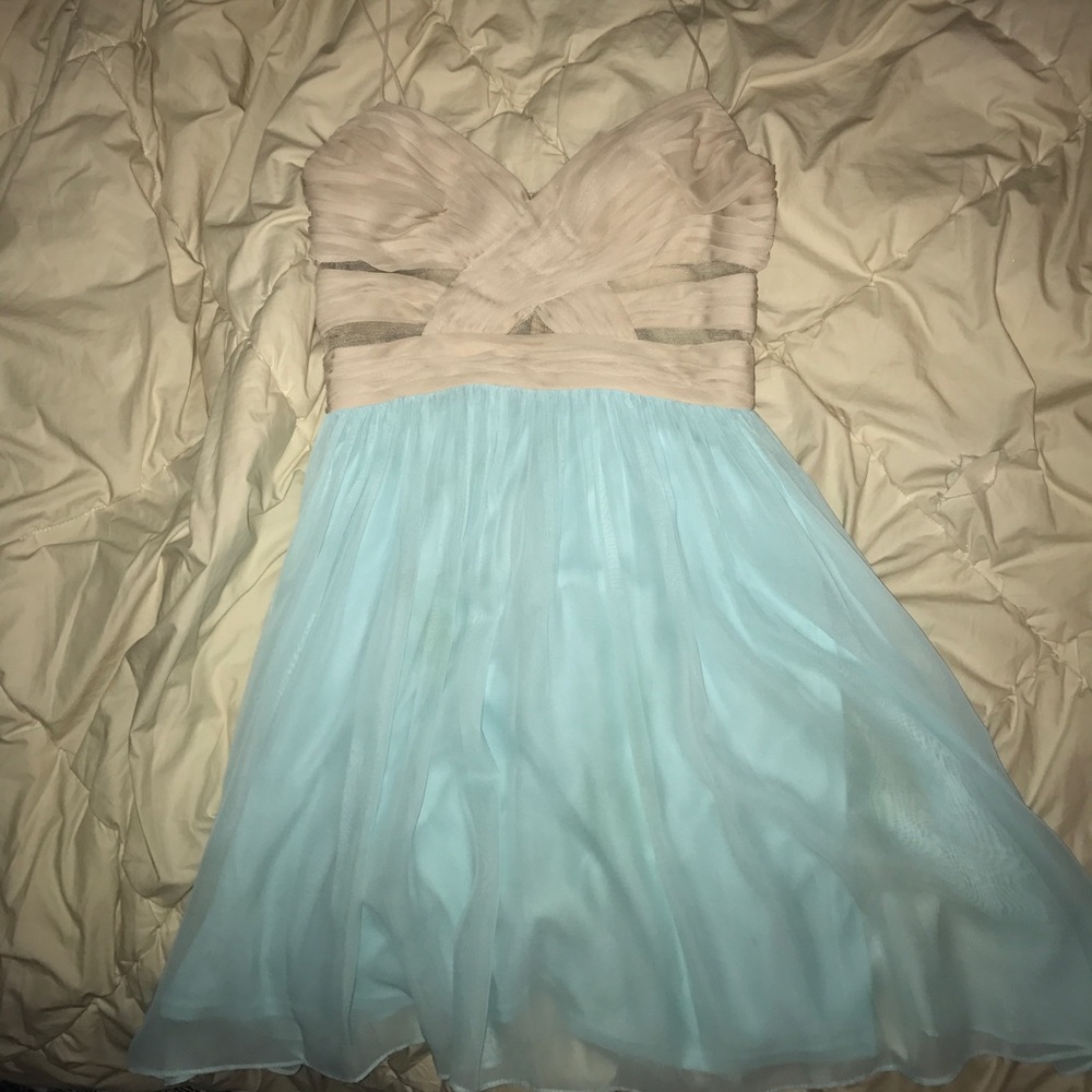 Tan and Blue formal dress from Boston Store