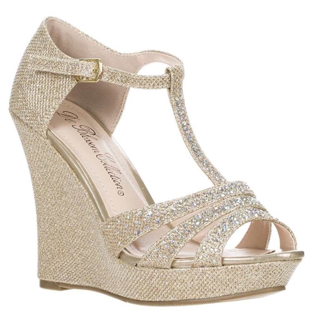NWOT Champagne/gold rhinestone platform wedges! 8M